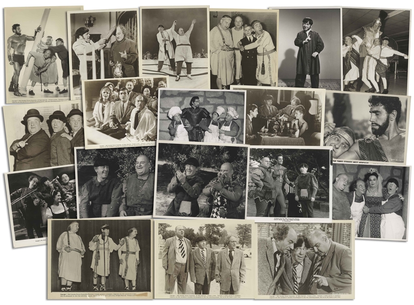 Moe Howard's Lot of 100 Glossy 10'' x 8'' Photos of the Three Stooges With Curly Joe -- Most All From Their Films, a Few From Appearances -- Very Good Plus